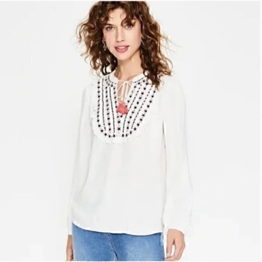 Boden Ivory Star Embroidery Polly Tassel Blouse